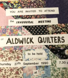 Advertisement for Aldwick Quilters' first meeting, featuring a patchwork design.